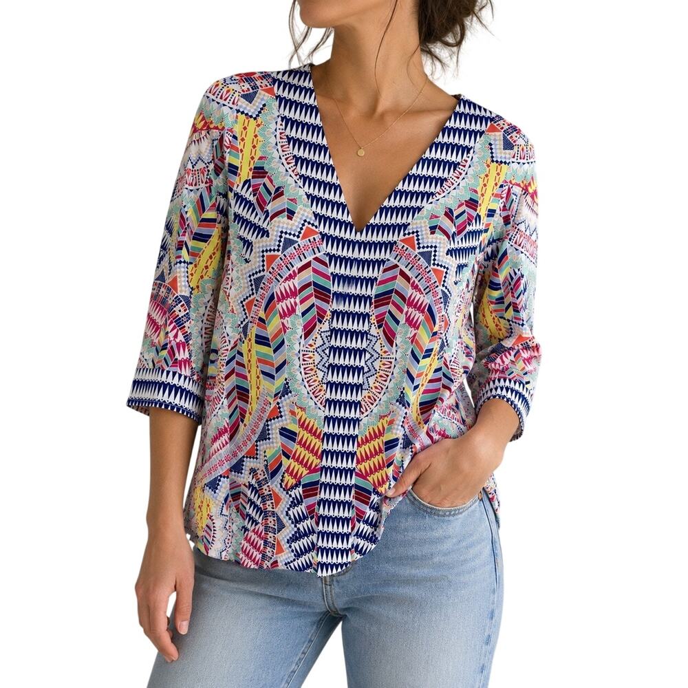 Bar III Womens Sz XS Stretchy Tropical Beach Summer Artsy Blouse Shirt Top